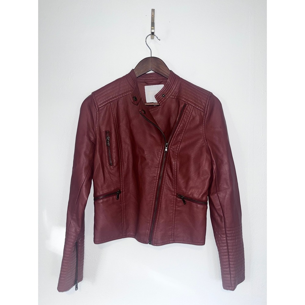 Anthropologie ETTWA Brown Faux Leather Moto Jacket XS Paisley Lining